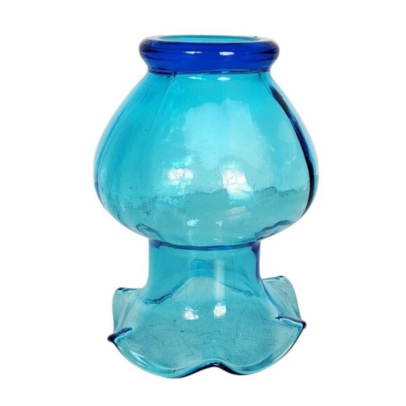 Vintage MCM Aqua Turquoise Blue Ribbed Glass Ruffled Rim Flower Vase 7.5" - Picture 7 of 8